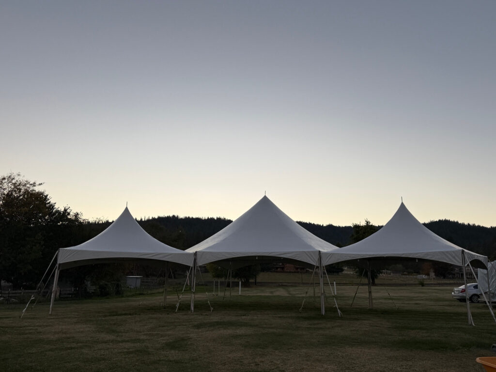 Three connected white high-peak tents with open sides, viewed from the front across a lawn.